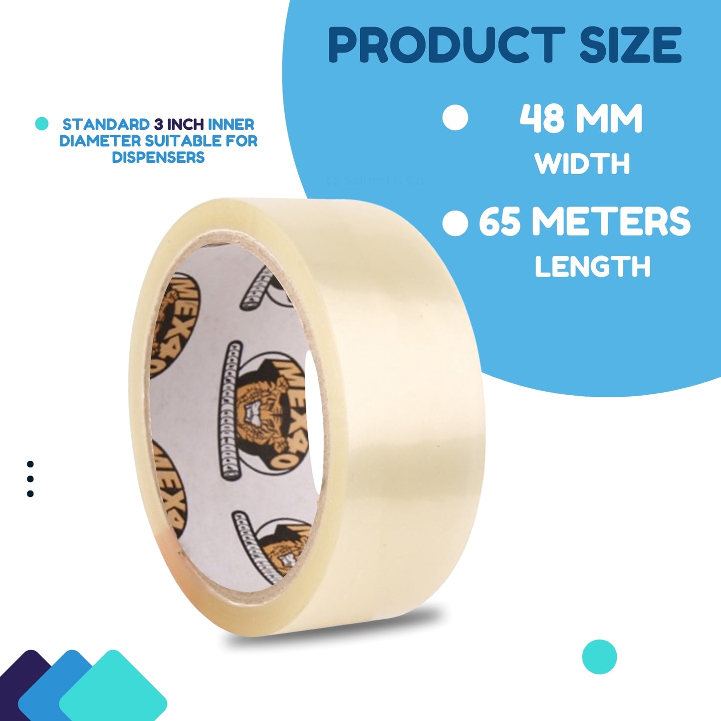 Mex40 BOPP Packaging Tapes 48mm X 65 meters, 38 micron, Transparent, High Strength Self Adhesive Box Packing Tape