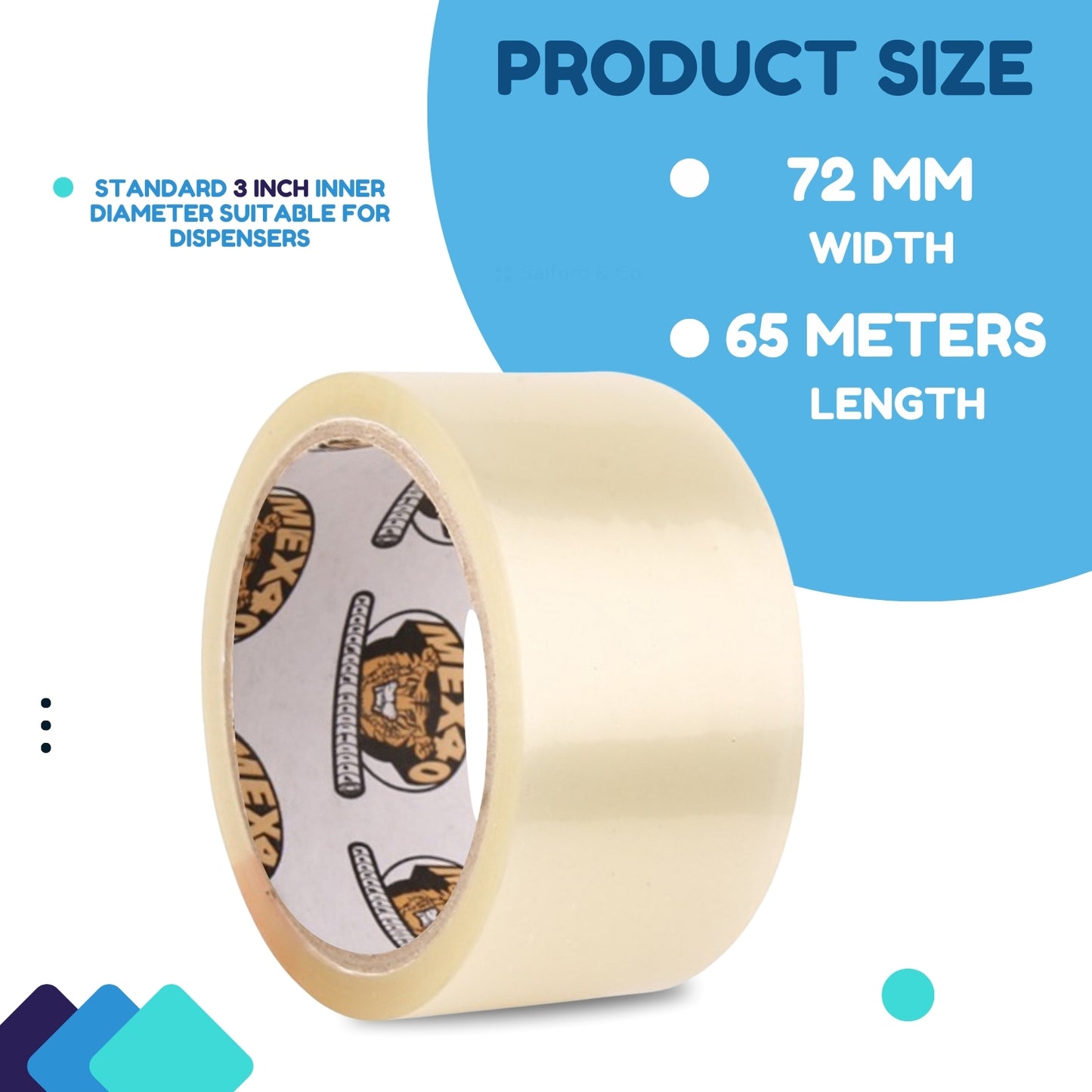 Mex40 BOPP Packaging Tapes 72mm X 65 meters, 38 micron, Transparent, High Strength Self Adhesive Box Packing Tape