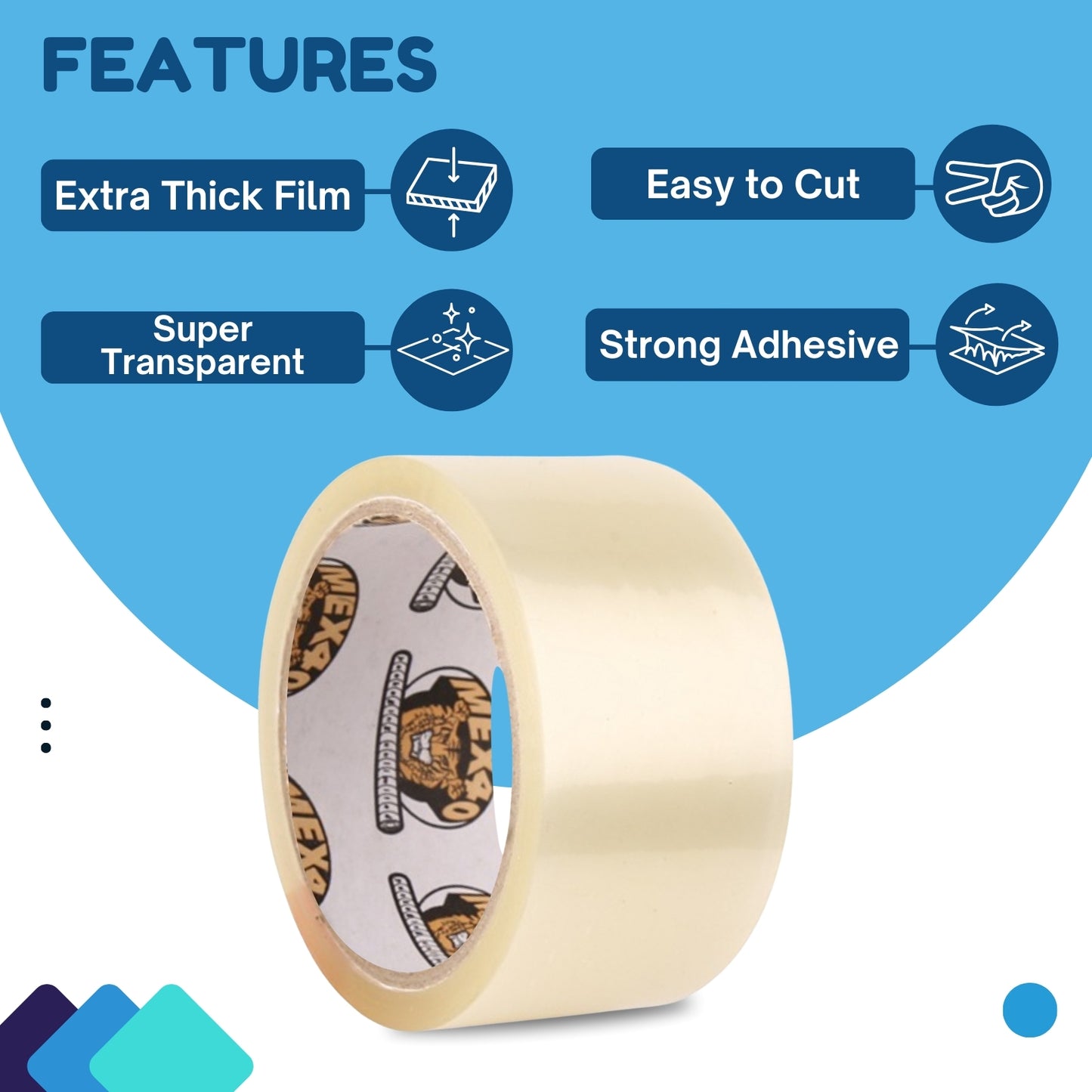 Mex40 BOPP Packaging Tapes 72mm X 65 meters, 38 micron, Transparent, High Strength Self Adhesive Box Packing Tape