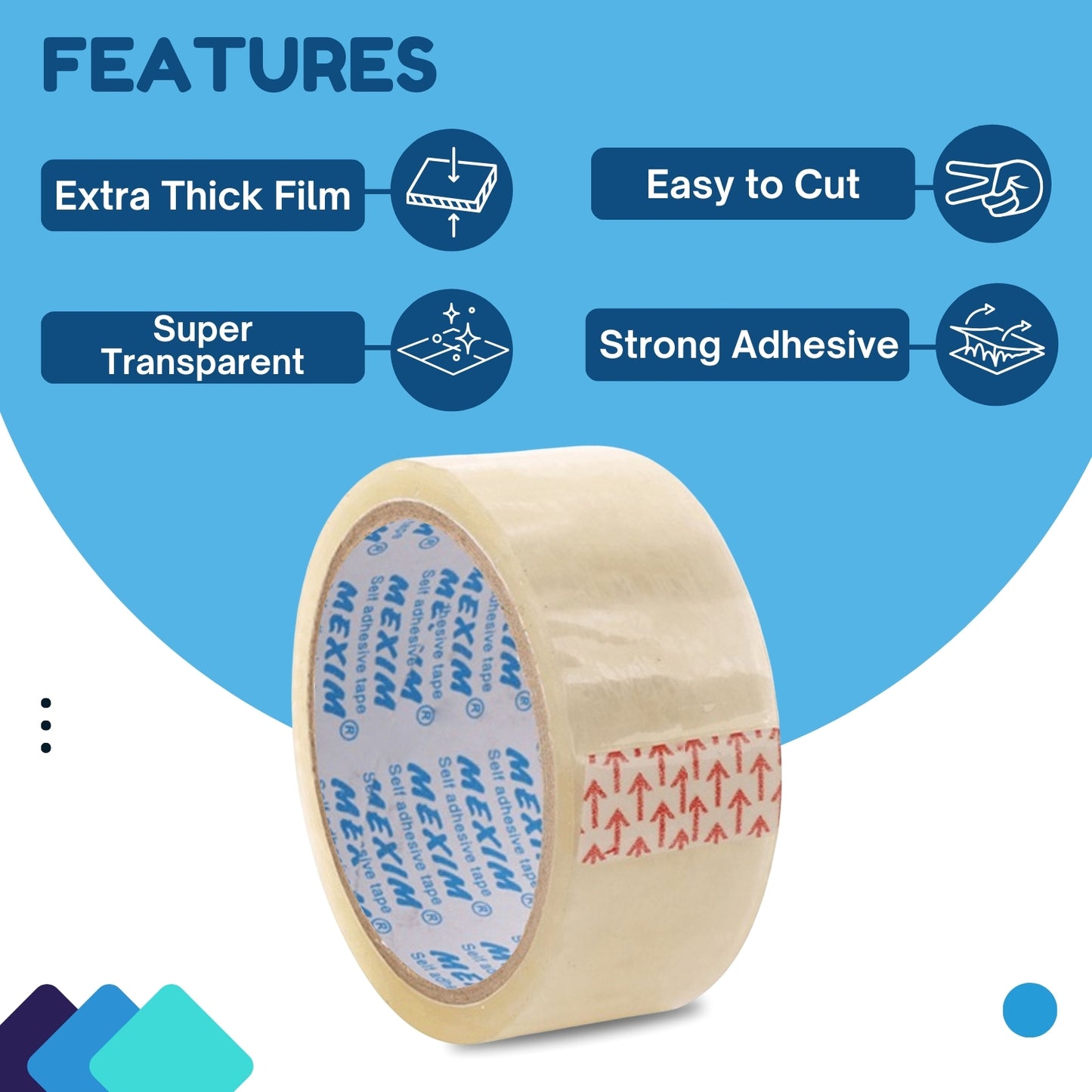Mexim Blue BOPP Packaging Tapes 48mm X 65 meters, 50 micron, Transparent, High Strength Self Adhesive Box Packing Tape