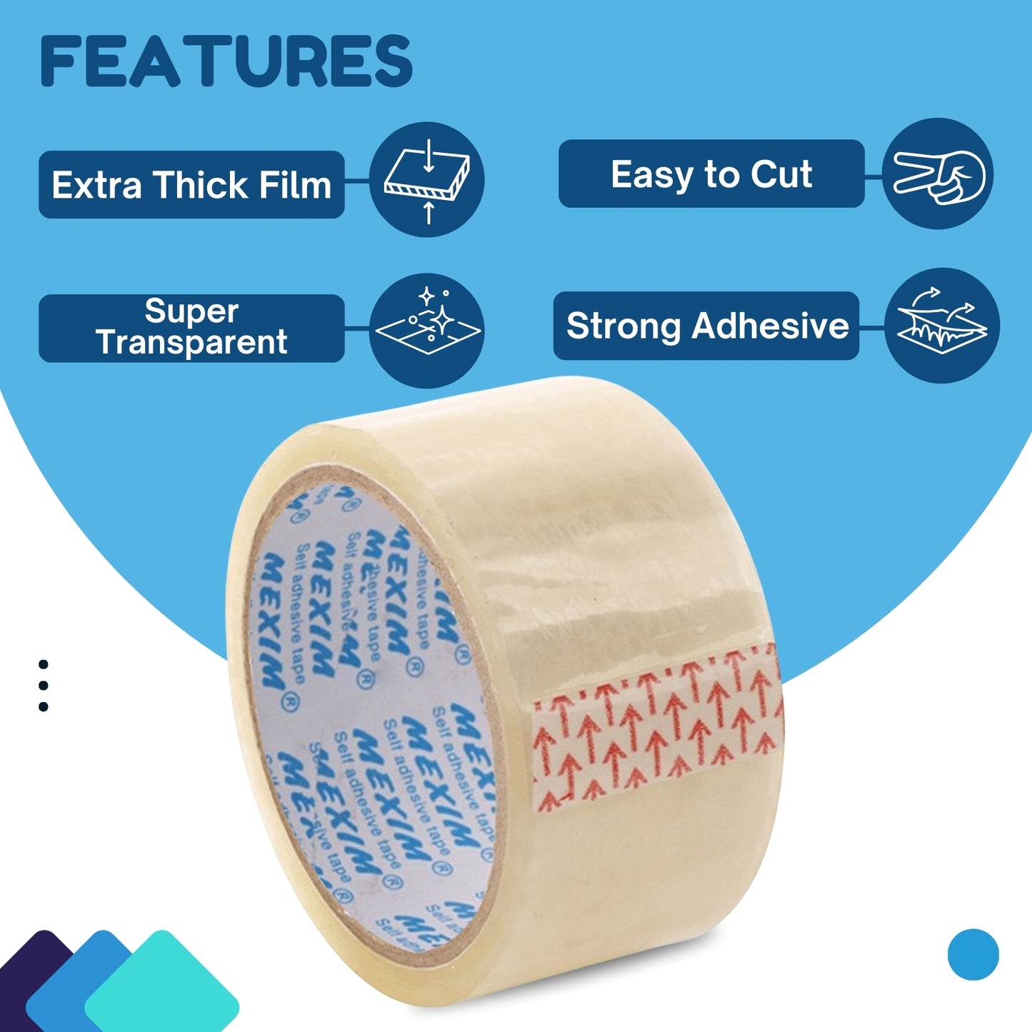 Mexim Blue BOPP Packaging Tapes 72mm X 65 meters, 50 micron, Transparent, High Strength Self Adhesive Box Packing Tape