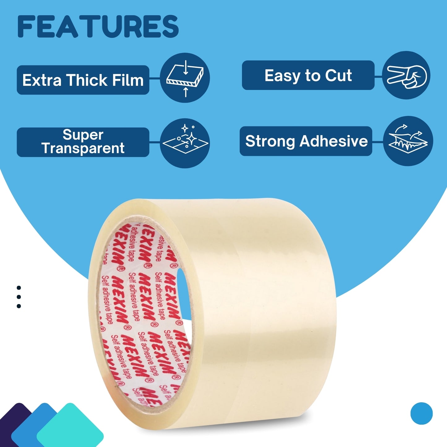 Mexim Red BOPP Packaging Tapes 72mm X 65 meters, 43 micron, Transparent, High Strength Self Adhesive Box Packing Tape