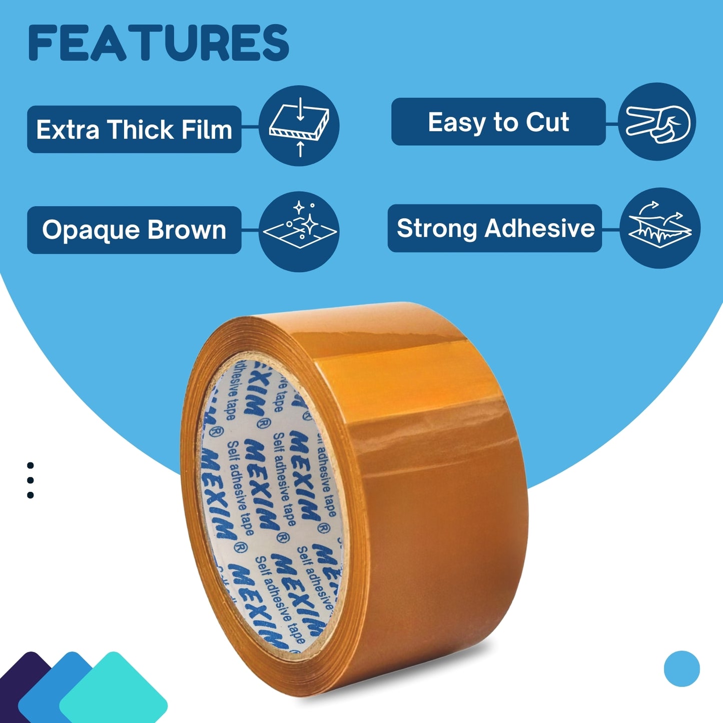 Mexim Blue BOPP Packaging Tapes 48mm X 65 meters, 50 micron, Brown, High Strength Self Adhesive Box Packing Tape